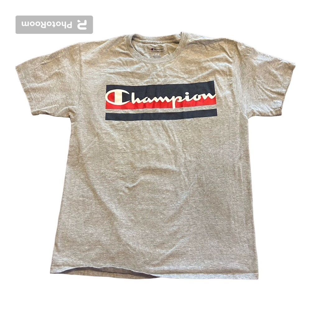 Vintage Champion Men's Large Classic Spellout Scripted Graphic Logo T-Shirt Gray